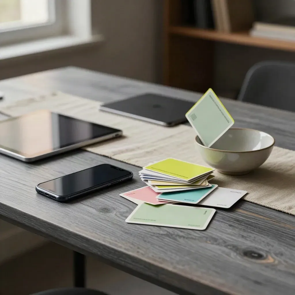 Kleiner Backoffice-Tisch mit Smartphone, Karten, Tablet und Keramikschale im Dämmerlicht.
