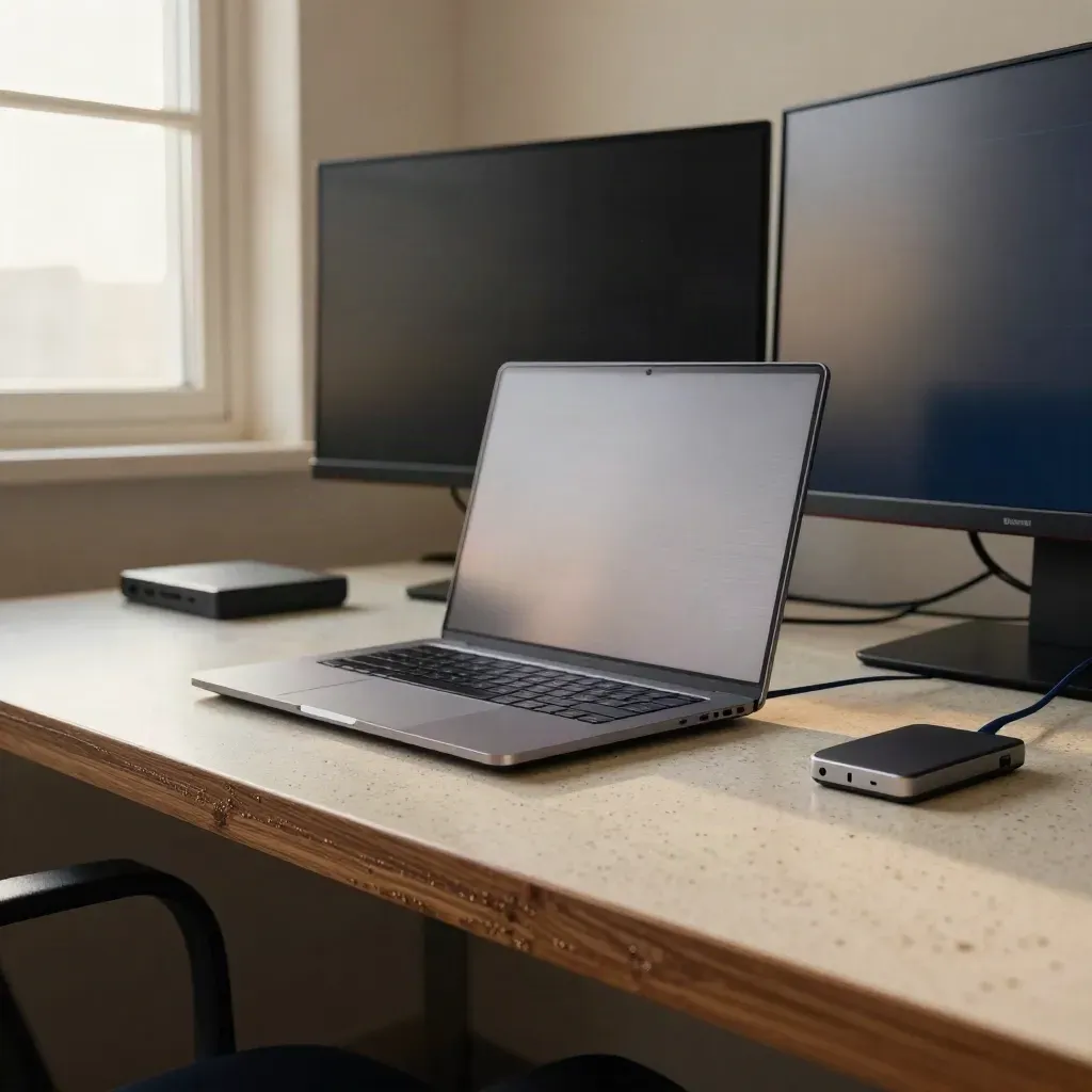 Verlassener Suchanzeigen-Arbeitsplatz mit offenem Laptop, zwei dunklen Monitoren und Staub im Restlicht.
