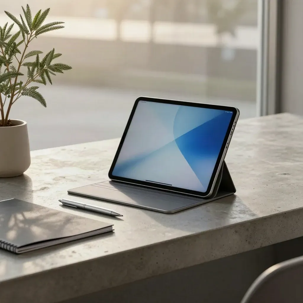 LinkedIn-Arbeitsplatz mit Tablet, Metallstift, Mappe und Pflanze in kühlem Glaslicht.