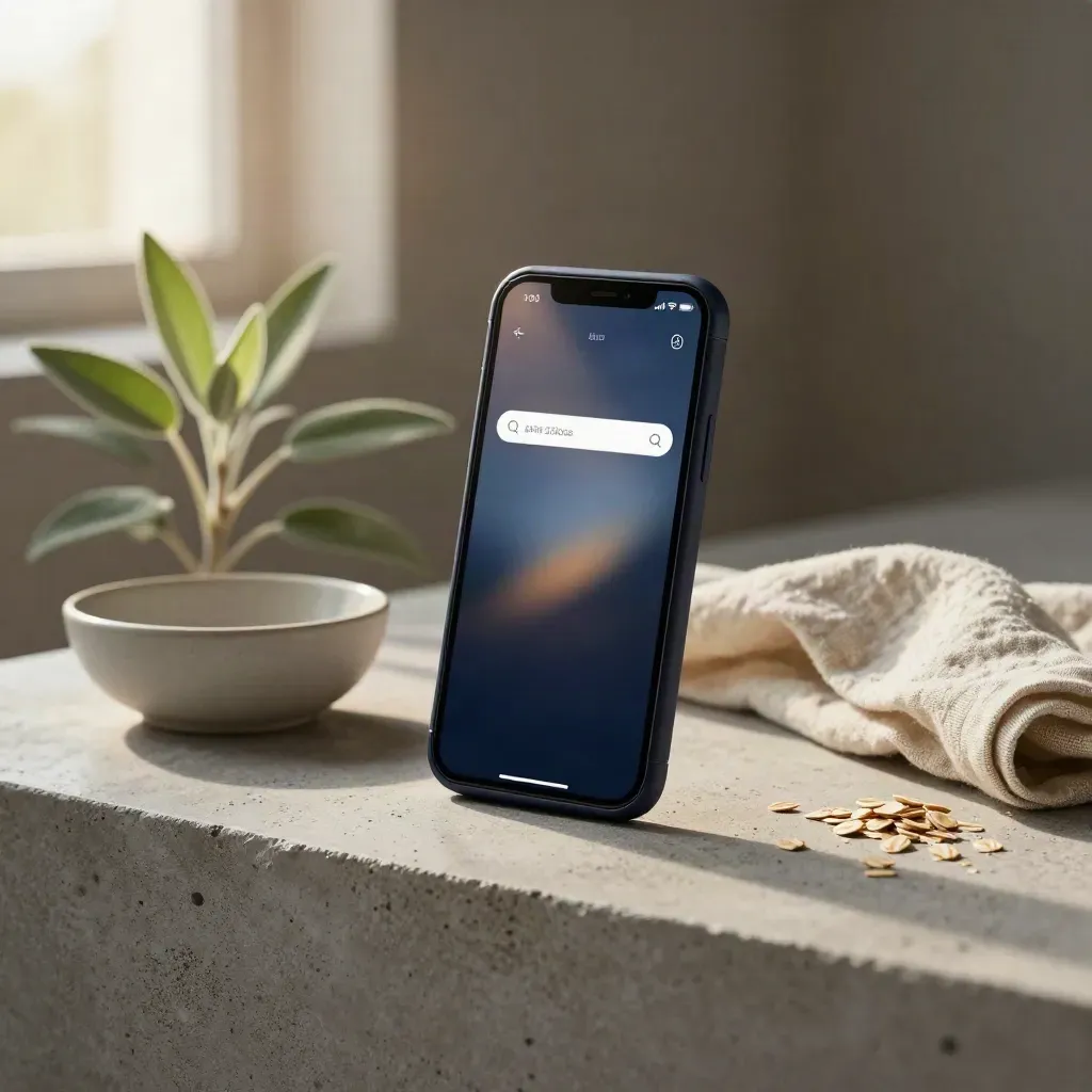 Smartphone mit leuchtender Suchanzeigen-Ansicht, dazu Pflanze, Leinentuch und Keramikschale auf Stein.